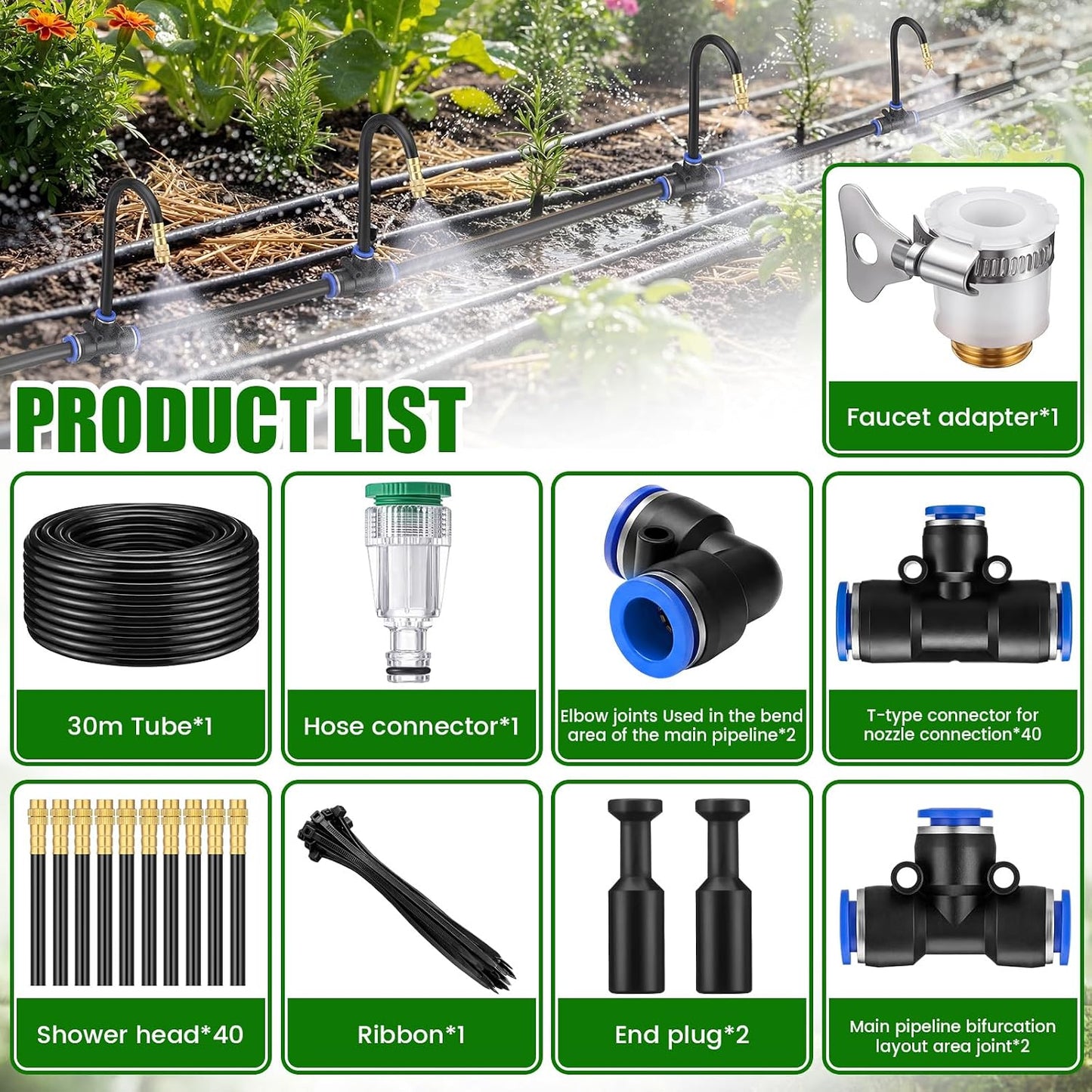 150 Pcs 98 ft 3/8" Greenhouse Drip Irrigation Kit with 40 Brass 360° Adjustable Nozzles and Faucet Adapter Install Adapters for Plants Lawns Gardens