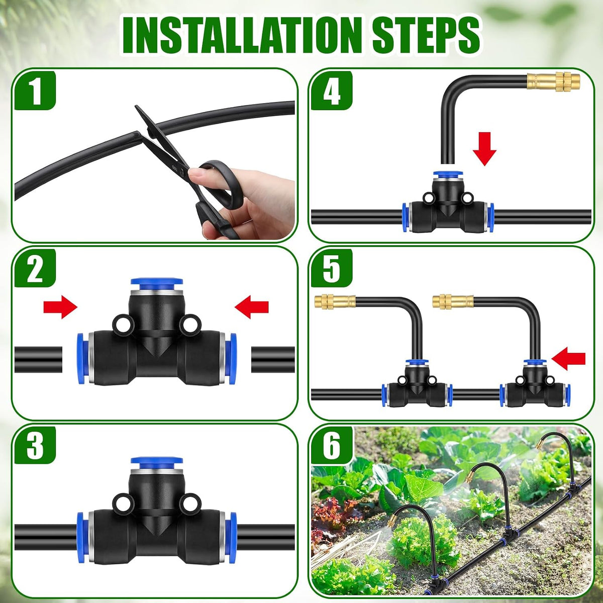 150 Pcs 98 ft 3/8" Greenhouse Drip Irrigation Kit with 40 Brass 360° Adjustable Nozzles and Faucet Adapter Install Adapters for Plants Lawns Gardens