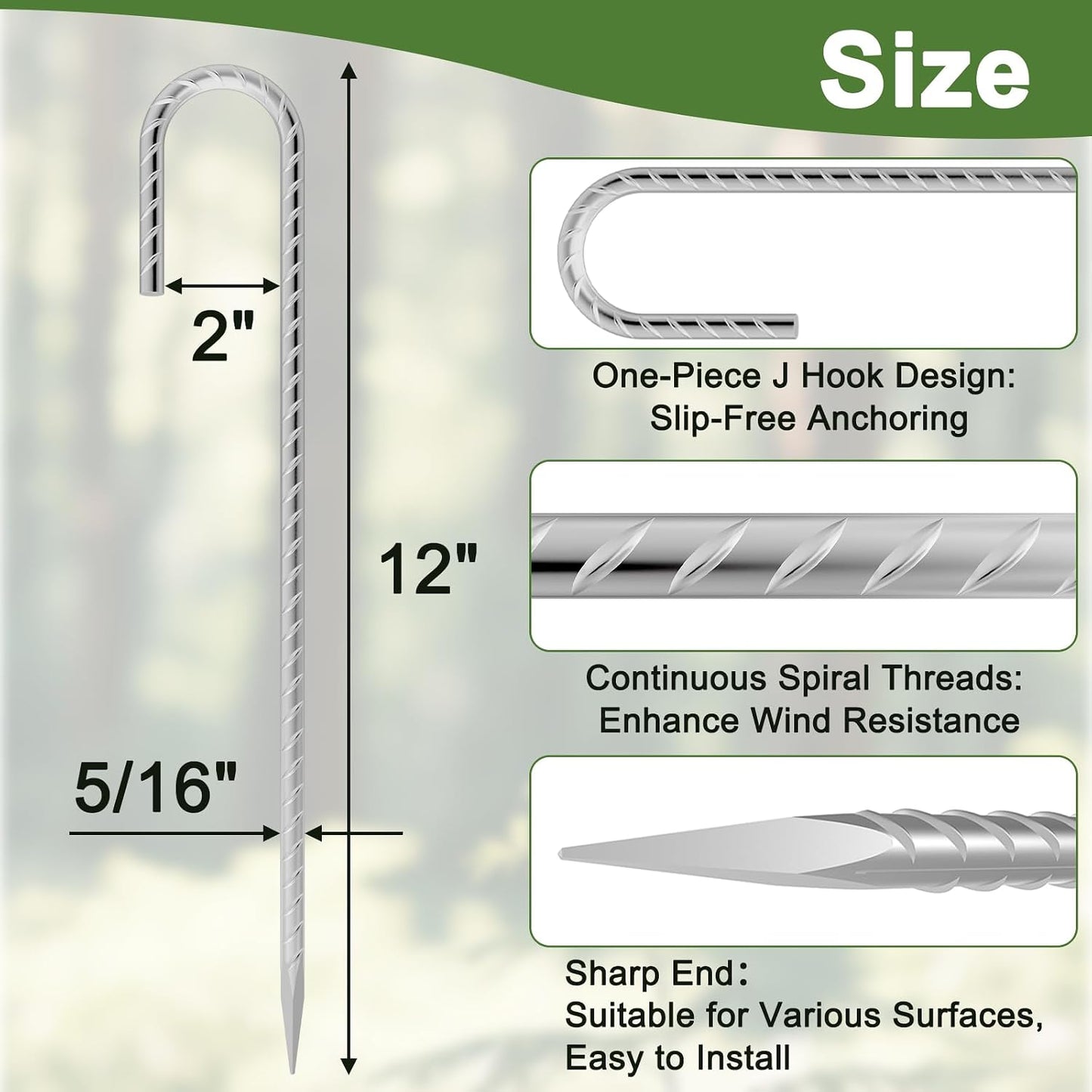 12 Inch J Hook Rebar Stakes 12 Pcs, Heavy Duty Metal Tent Stakes