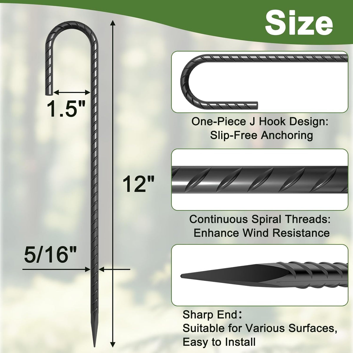 12 Inch J Hook Rebar Stakes 12 Pcs, Heavy Duty Metal Tent Stakes