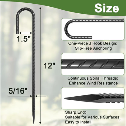 12 Inch J Hook Rebar Stakes 12 Pcs, Heavy Duty Metal Tent Stakes