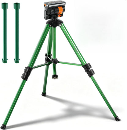 Oscillating Sprinkler Head on Telescoping Tripod Base with 2 Sprinkler Extensions, Heavy Duty Lawn Sprinklers, 360° Large Area Irrigation, Solid Metal Extension Legs & Skidproof Design