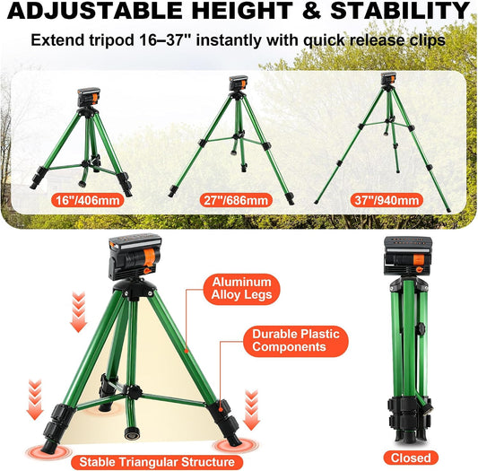 Oscillating Sprinkler Head on Telescoping Tripod Base with 2 Sprinkler Extensions, Heavy Duty Lawn Sprinklers, 360° Large Area Irrigation, Solid Metal Extension Legs & Skidproof Design