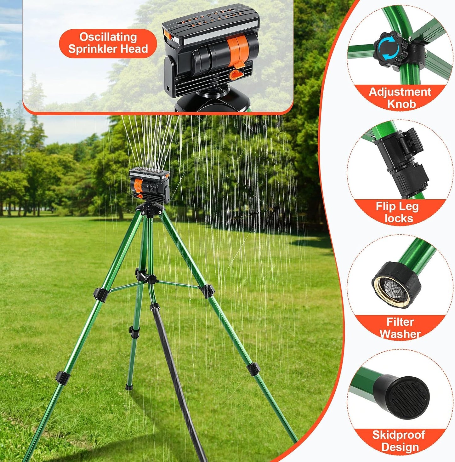 Oscillating Sprinkler Head on Telescoping Tripod Base with 2 Sprinkler Extensions, Heavy Duty Lawn Sprinklers, 360° Large Area Irrigation, Solid Metal Extension Legs & Skidproof Design