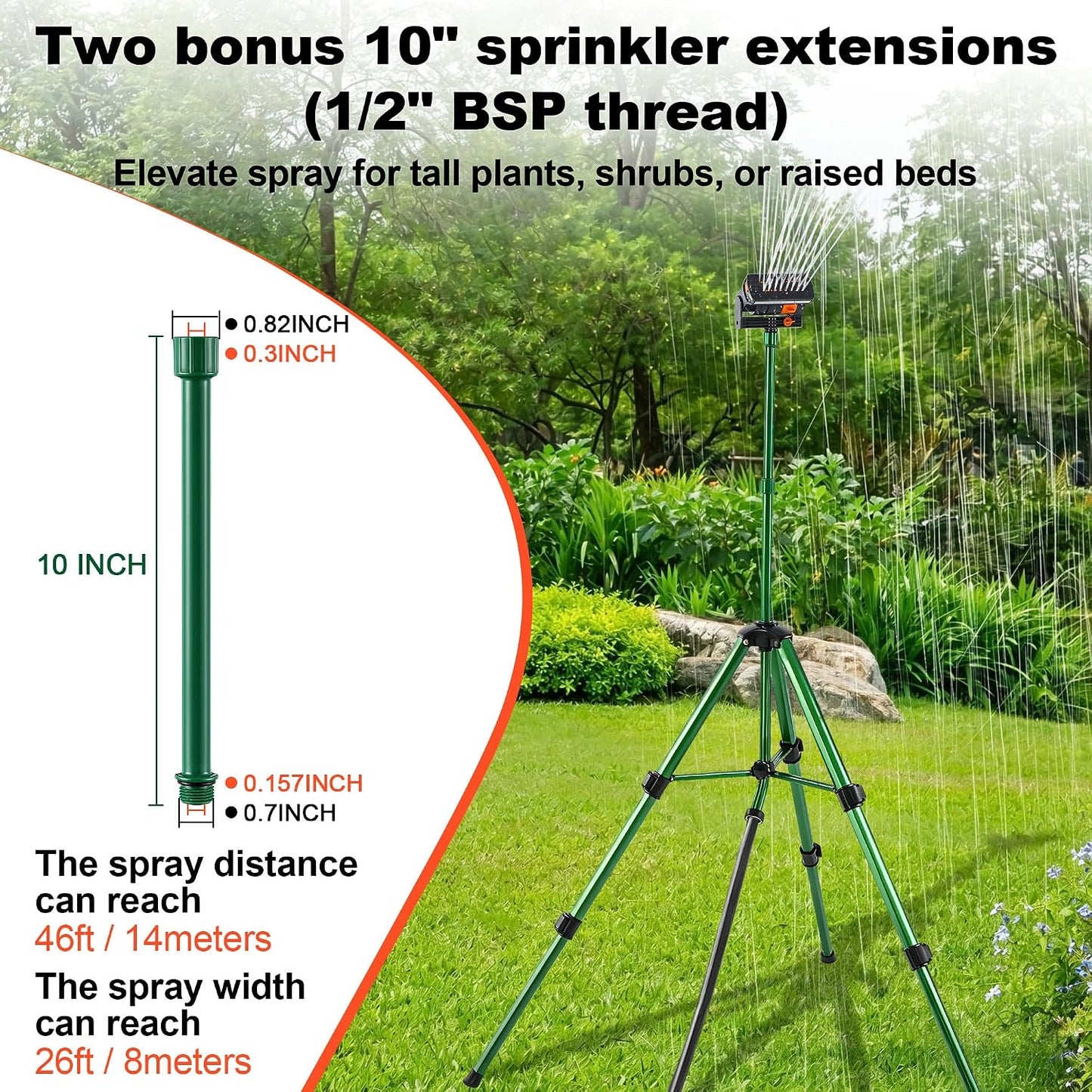 Oscillating Sprinkler Head on Telescoping Tripod Base with 2 Sprinkler Extensions, Heavy Duty Lawn Sprinklers, 360° Large Area Irrigation, Solid Metal Extension Legs & Skidproof Design