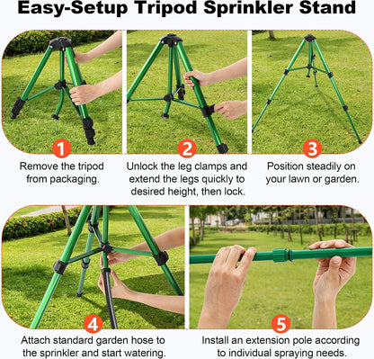 Oscillating Sprinkler Head on Telescoping Tripod Base with 2 Sprinkler Extensions, Heavy Duty Lawn Sprinklers, 360° Large Area Irrigation, Solid Metal Extension Legs & Skidproof Design