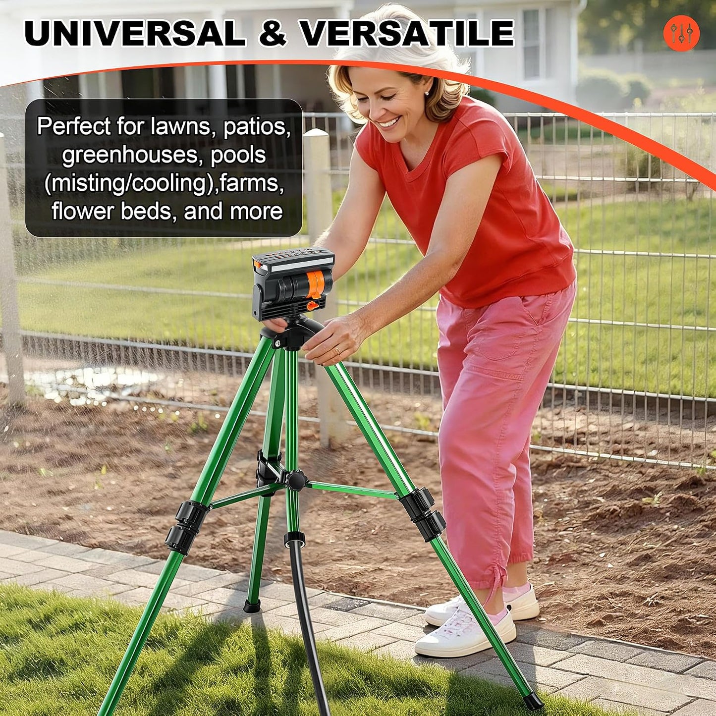 Oscillating Sprinkler Head on Telescoping Tripod Base with 2 Sprinkler Extensions, Heavy Duty Lawn Sprinklers, 360° Large Area Irrigation, Solid Metal Extension Legs & Skidproof Design
