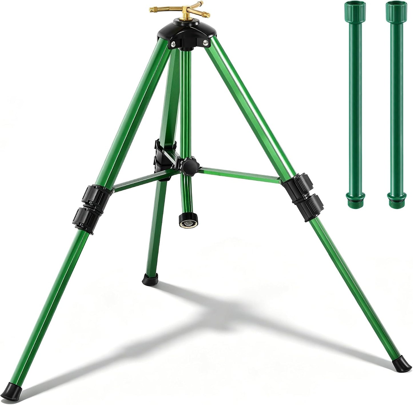 Oscillating Sprinkler Head on Telescoping Tripod Base with 2 Sprinkler Extensions, Heavy Duty Lawn Sprinklers, 360° Large Area Irrigation, Solid Metal Extension Legs & Skidproof Design
