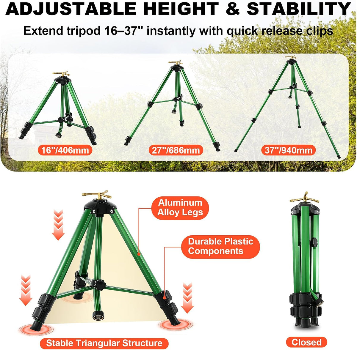 Oscillating Sprinkler Head on Telescoping Tripod Base with 2 Sprinkler Extensions, Heavy Duty Lawn Sprinklers, 360° Large Area Irrigation, Solid Metal Extension Legs & Skidproof Design