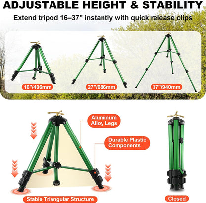 Oscillating Sprinkler Head on Telescoping Tripod Base with 2 Sprinkler Extensions, Heavy Duty Lawn Sprinklers, 360° Large Area Irrigation, Solid Metal Extension Legs & Skidproof Design