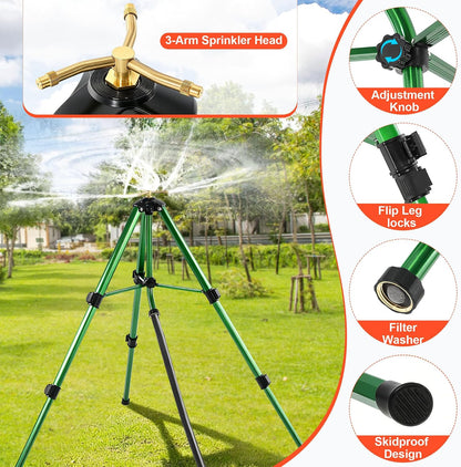Oscillating Sprinkler Head on Telescoping Tripod Base with 2 Sprinkler Extensions, Heavy Duty Lawn Sprinklers, 360° Large Area Irrigation, Solid Metal Extension Legs & Skidproof Design