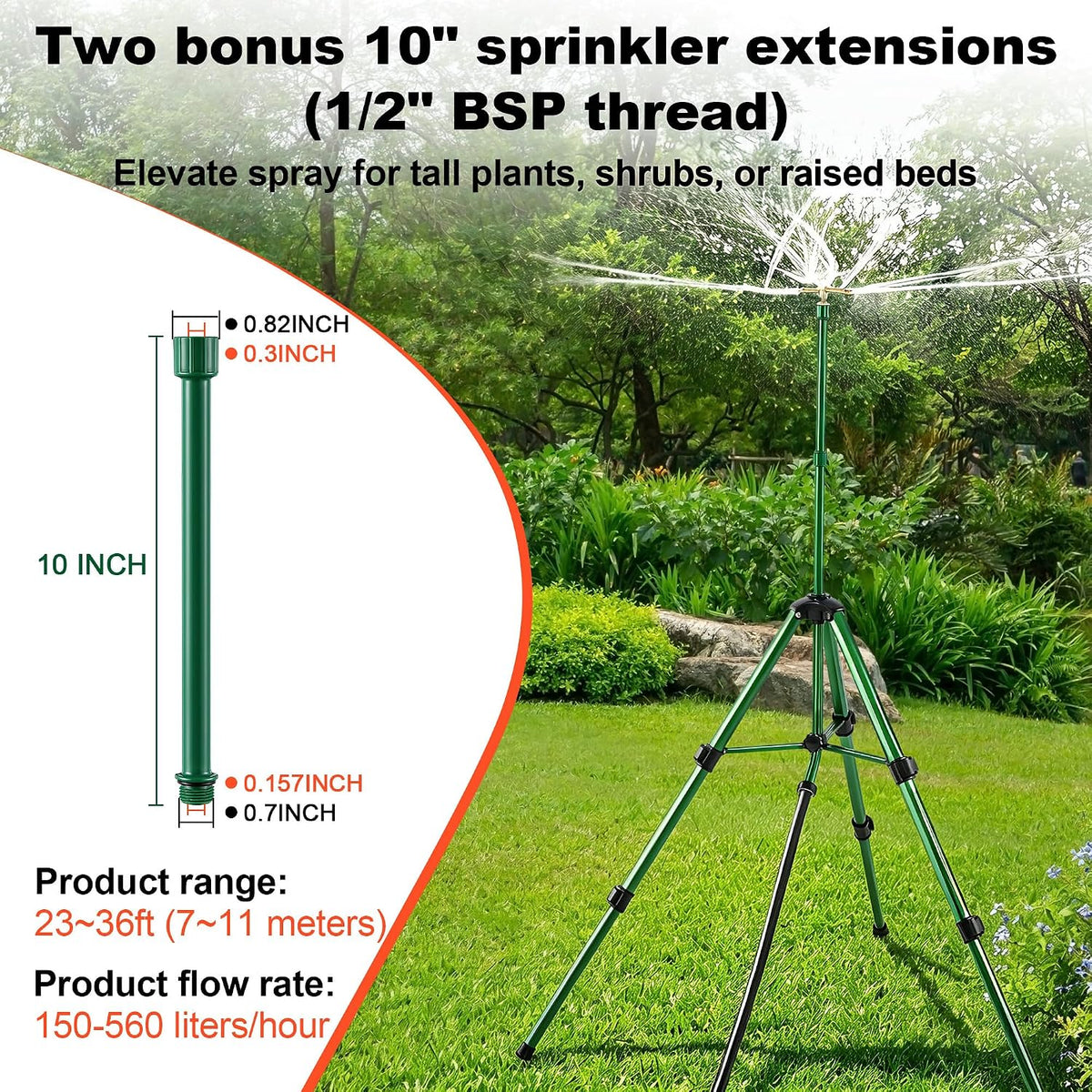 Oscillating Sprinkler Head on Telescoping Tripod Base with 2 Sprinkler Extensions, Heavy Duty Lawn Sprinklers, 360° Large Area Irrigation, Solid Metal Extension Legs & Skidproof Design