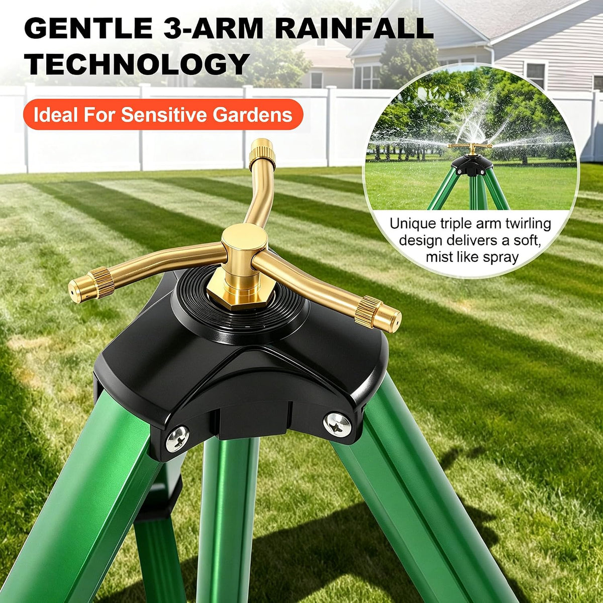 Oscillating Sprinkler Head on Telescoping Tripod Base with 2 Sprinkler Extensions, Heavy Duty Lawn Sprinklers, 360° Large Area Irrigation, Solid Metal Extension Legs & Skidproof Design