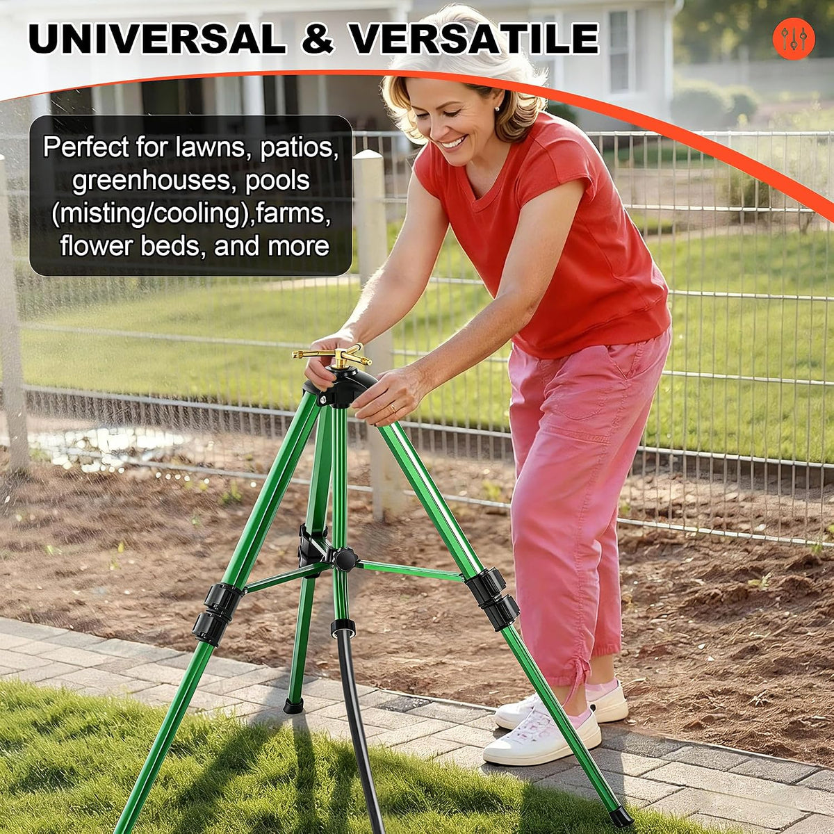 Oscillating Sprinkler Head on Telescoping Tripod Base with 2 Sprinkler Extensions, Heavy Duty Lawn Sprinklers, 360° Large Area Irrigation, Solid Metal Extension Legs & Skidproof Design