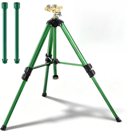 Oscillating Sprinkler Head on Telescoping Tripod Base with 2 Sprinkler Extensions, Heavy Duty Lawn Sprinklers, 360° Large Area Irrigation, Solid Metal Extension Legs & Skidproof Design