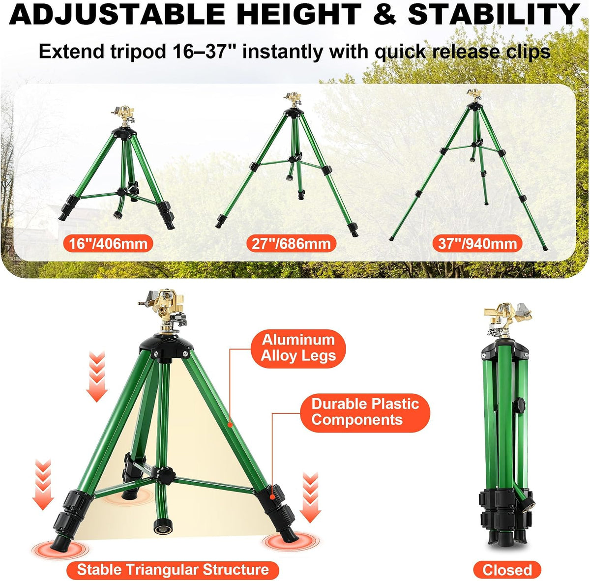Oscillating Sprinkler Head on Telescoping Tripod Base with 2 Sprinkler Extensions, Heavy Duty Lawn Sprinklers, 360° Large Area Irrigation, Solid Metal Extension Legs & Skidproof Design
