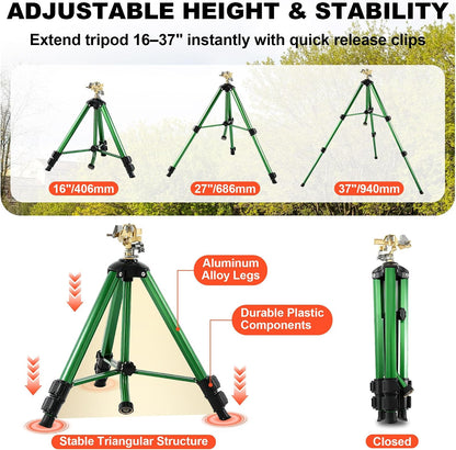 Oscillating Sprinkler Head on Telescoping Tripod Base with 2 Sprinkler Extensions, Heavy Duty Lawn Sprinklers, 360° Large Area Irrigation, Solid Metal Extension Legs & Skidproof Design