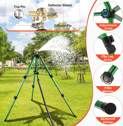 Oscillating Sprinkler Head on Telescoping Tripod Base with 2 Sprinkler Extensions, Heavy Duty Lawn Sprinklers, 360° Large Area Irrigation, Solid Metal Extension Legs & Skidproof Design