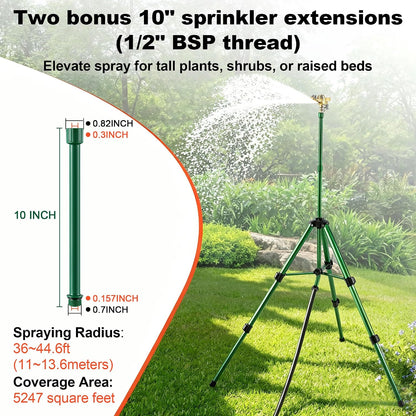 Oscillating Sprinkler Head on Telescoping Tripod Base with 2 Sprinkler Extensions, Heavy Duty Lawn Sprinklers, 360° Large Area Irrigation, Solid Metal Extension Legs & Skidproof Design