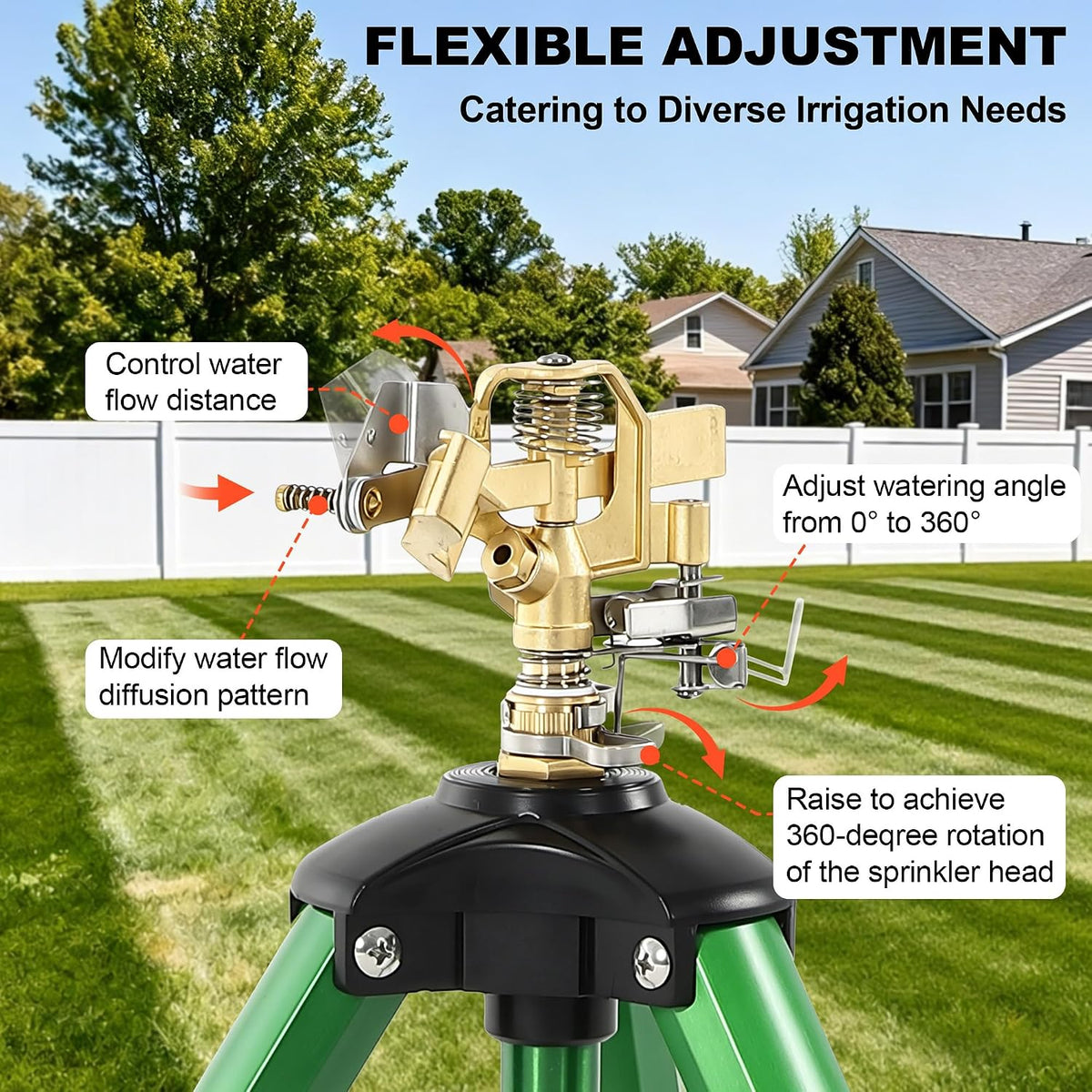 Oscillating Sprinkler Head on Telescoping Tripod Base with 2 Sprinkler Extensions, Heavy Duty Lawn Sprinklers, 360° Large Area Irrigation, Solid Metal Extension Legs & Skidproof Design
