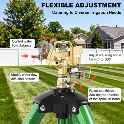 Oscillating Sprinkler Head on Telescoping Tripod Base with 2 Sprinkler Extensions, Heavy Duty Lawn Sprinklers, 360° Large Area Irrigation, Solid Metal Extension Legs & Skidproof Design