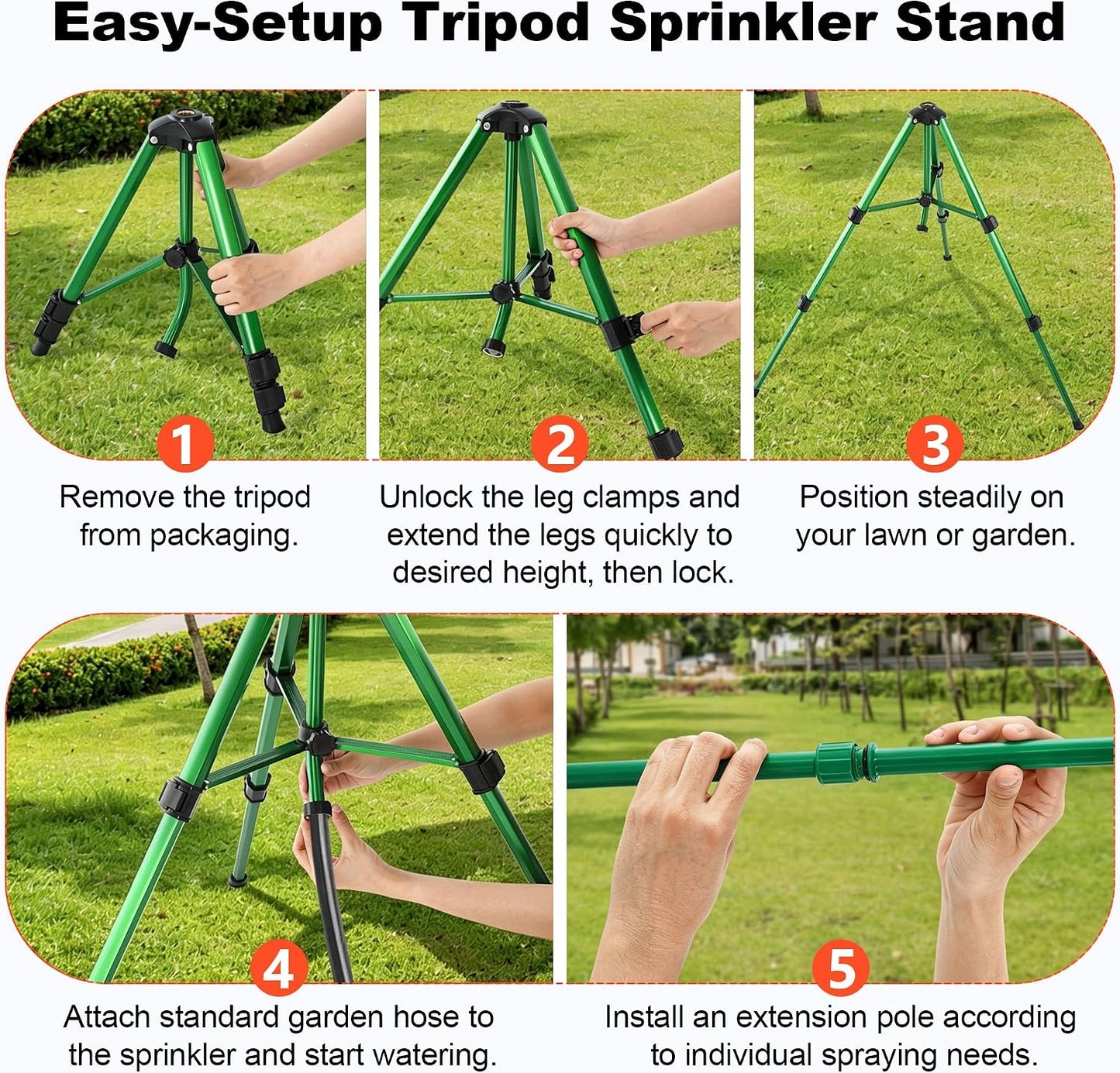 Oscillating Sprinkler Head on Telescoping Tripod Base with 2 Sprinkler Extensions, Heavy Duty Lawn Sprinklers, 360° Large Area Irrigation, Solid Metal Extension Legs & Skidproof Design