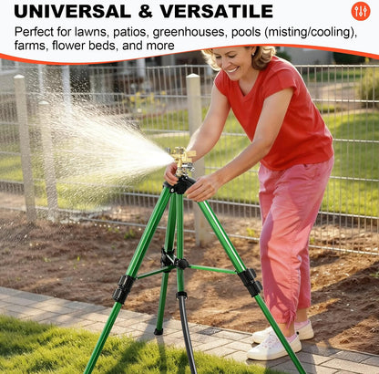 Oscillating Sprinkler Head on Telescoping Tripod Base with 2 Sprinkler Extensions, Heavy Duty Lawn Sprinklers, 360° Large Area Irrigation, Solid Metal Extension Legs & Skidproof Design