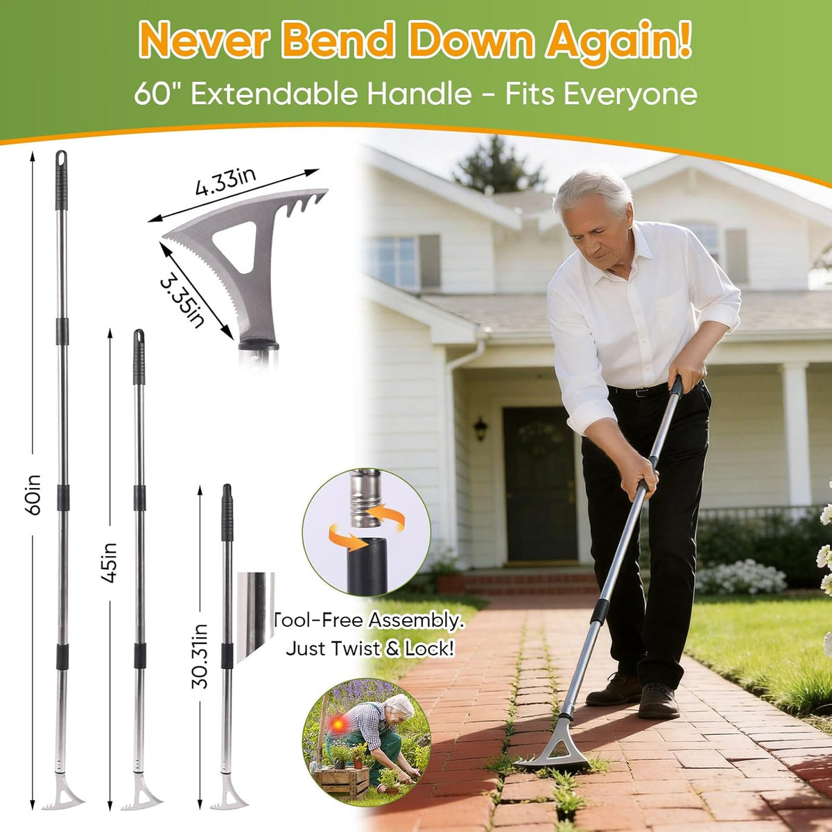 Crack Weeder, 3-in-1 Stainless Steel Weeding Tool with 60" Long Handle - Stand Up Weeder for Driveway, Sidewalk & Deck Crevices - No Bending, Tool-Free Assembly
