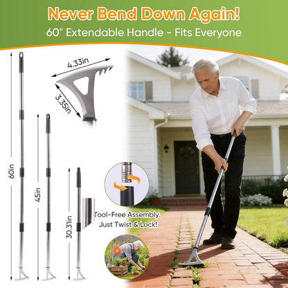 Crack Weeder, 3-in-1 Stainless Steel Weeding Tool with 60" Long Handle - Stand Up Weeder for Driveway, Sidewalk & Deck Crevices - No Bending, Tool-Free Assembly