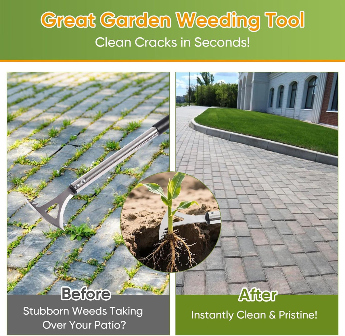 Crack Weeder, 3-in-1 Stainless Steel Weeding Tool with 60" Long Handle - Stand Up Weeder for Driveway, Sidewalk & Deck Crevices - No Bending, Tool-Free Assembly