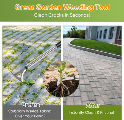 Crack Weeder, 3-in-1 Stainless Steel Weeding Tool with 60" Long Handle - Stand Up Weeder for Driveway, Sidewalk & Deck Crevices - No Bending, Tool-Free Assembly