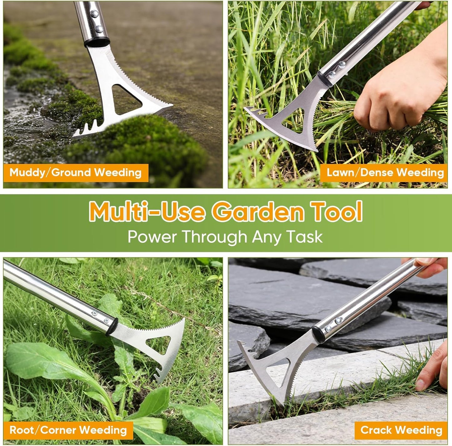 Crack Weeder, 3-in-1 Stainless Steel Weeding Tool with 60" Long Handle - Stand Up Weeder for Driveway, Sidewalk & Deck Crevices - No Bending, Tool-Free Assembly
