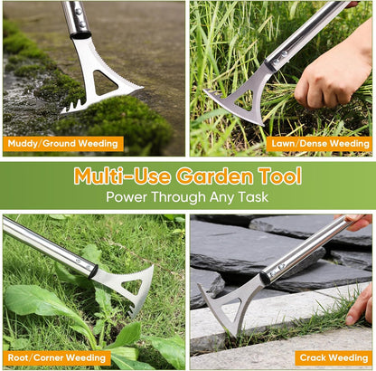 Crack Weeder, 3-in-1 Stainless Steel Weeding Tool with 60" Long Handle - Stand Up Weeder for Driveway, Sidewalk & Deck Crevices - No Bending, Tool-Free Assembly