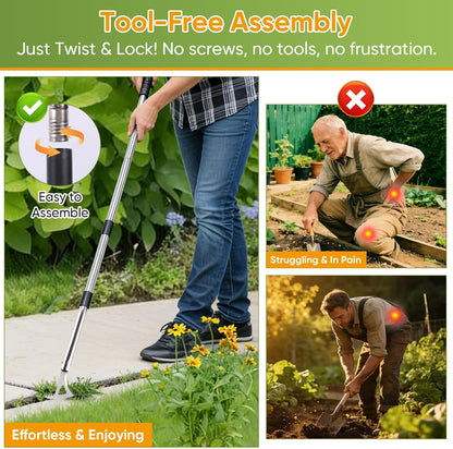Crack Weeder, 3-in-1 Stainless Steel Weeding Tool with 60" Long Handle - Stand Up Weeder for Driveway, Sidewalk & Deck Crevices - No Bending, Tool-Free Assembly