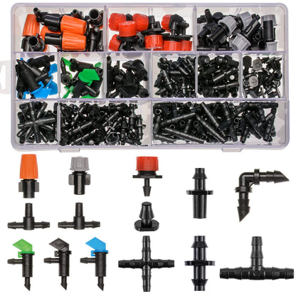 204Pcs Barbed Connectors Irrigation Fittings Kit,Drip Irrigation Barbed Connectors 1/4''Tubing Fittings Kit for Flower Pot Garden Lawn(Straight Barbs,Single Barbs,Tees,Elbows,End Plug,4-Way Coupling)