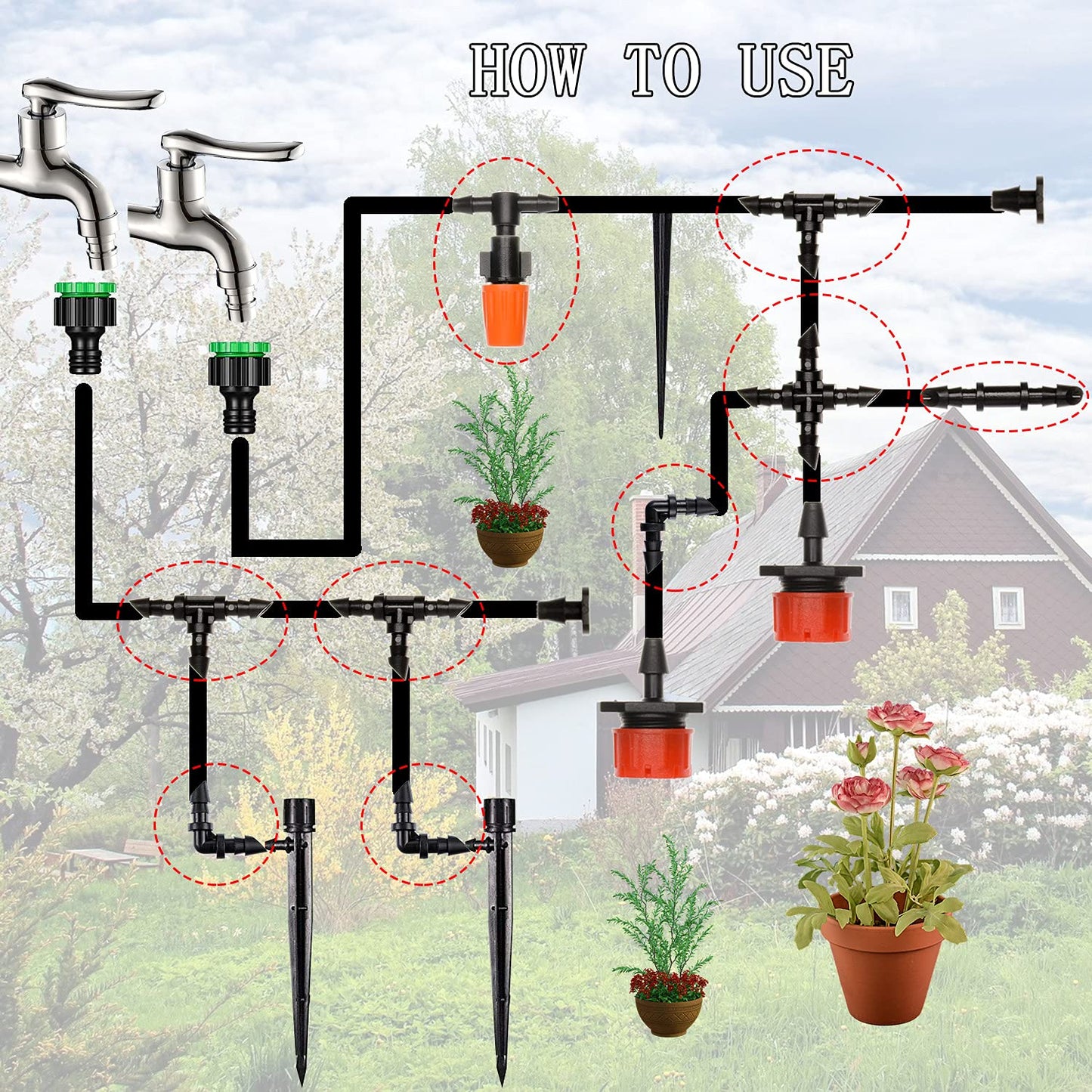 204Pcs Barbed Connectors Irrigation Fittings Kit,Drip Irrigation Barbed Connectors 1/4''Tubing Fittings Kit for Flower Pot Garden Lawn(Straight Barbs,Single Barbs,Tees,Elbows,End Plug,4-Way Coupling)