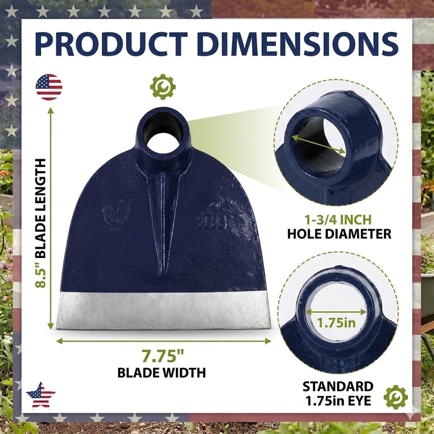 American Pattern Eye Hoe Head, 7-3/4" Blade Width, 8-1/2" Blade Length, 1-3/4" Diameter Hole, Grub Hoe Head Garden Steel Tool for Garden Hacking, Yard or Farming Work, No Handle Included