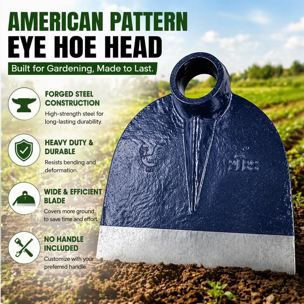 American Pattern Eye Hoe Head, 7-3/4" Blade Width, 8-1/2" Blade Length, 1-3/4" Diameter Hole, Grub Hoe Head Garden Steel Tool for Garden Hacking, Yard or Farming Work, No Handle Included