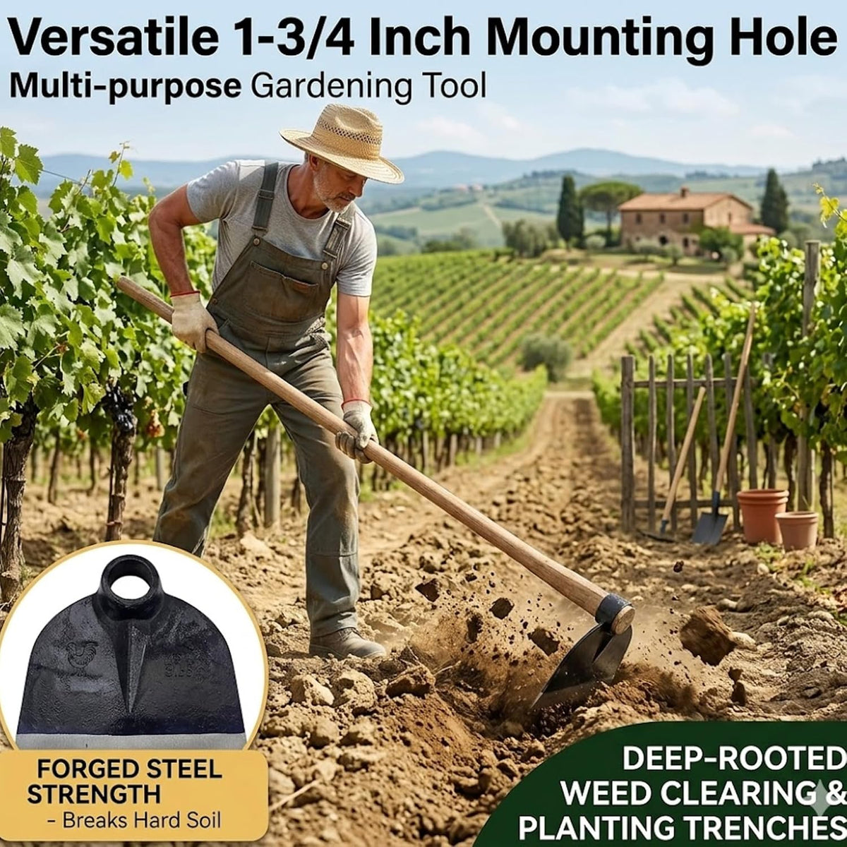 American Pattern Eye Hoe Head, 7-3/4" Blade Width, 8-1/2" Blade Length, 1-3/4" Diameter Hole, Grub Hoe Head Garden Steel Tool for Garden Hacking, Yard or Farming Work, No Handle Included
