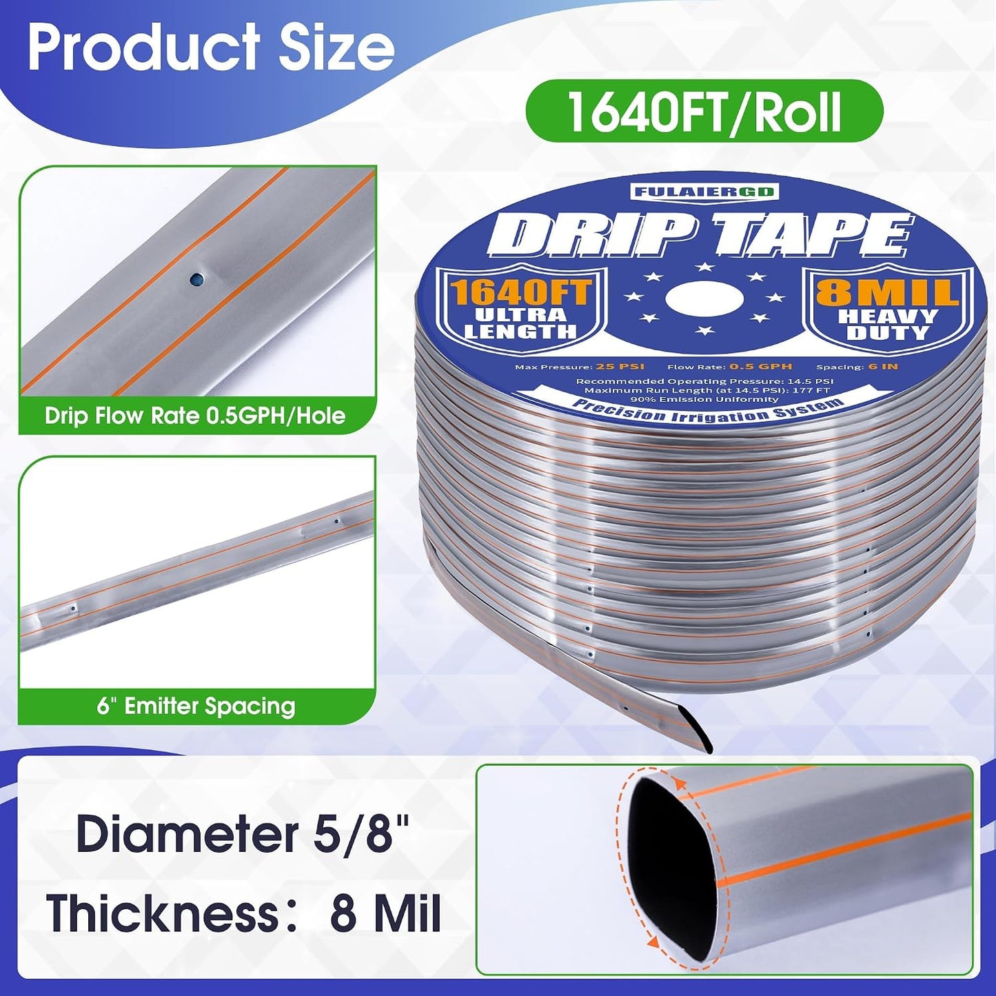 1640FT 5/8" Drip Irrigation Tape - 8 Mil 0.5 GPH 6" Spacing