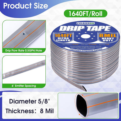 1640FT 5/8" Drip Irrigation Tape - 8 Mil 0.5 GPH 6" Spacing