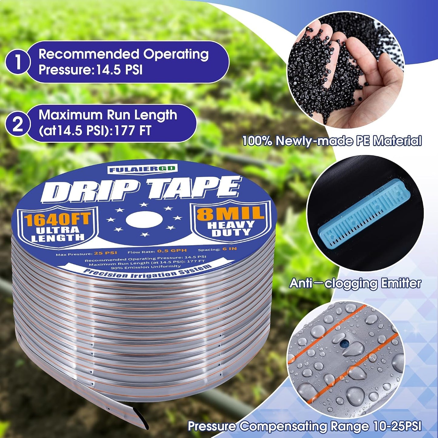 1640FT 5/8" Drip Irrigation Tape - 8 Mil 0.5 GPH 6" Spacing
