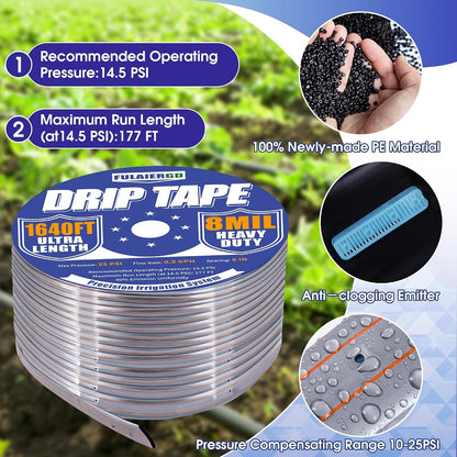 1640FT 5/8" Drip Irrigation Tape - 8 Mil 0.5 GPH 6" Spacing