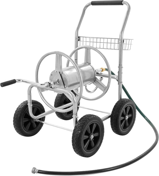 Hose Reel Cart, Hold Up to 300 ft of 5/8’’ Hose, Garden Water Hose Carts Mobile Tools with 4 Wheels, Heavy Duty Powder-Coated Steel Outdoor Planting with Storage Basket, for Garden, Yard, Lawn