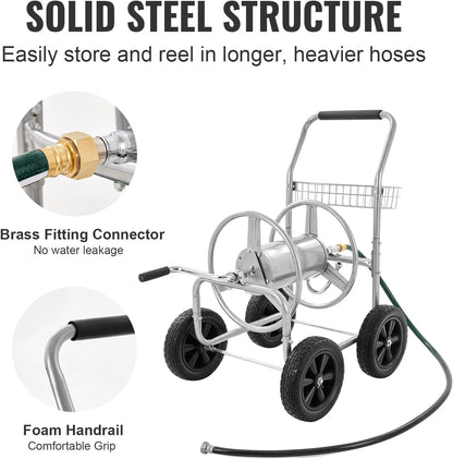 Hose Reel Cart, Hold Up to 300 ft of 5/8’’ Hose, Garden Water Hose Carts Mobile Tools with 4 Wheels, Heavy Duty Powder-Coated Steel Outdoor Planting with Storage Basket, for Garden, Yard, Lawn