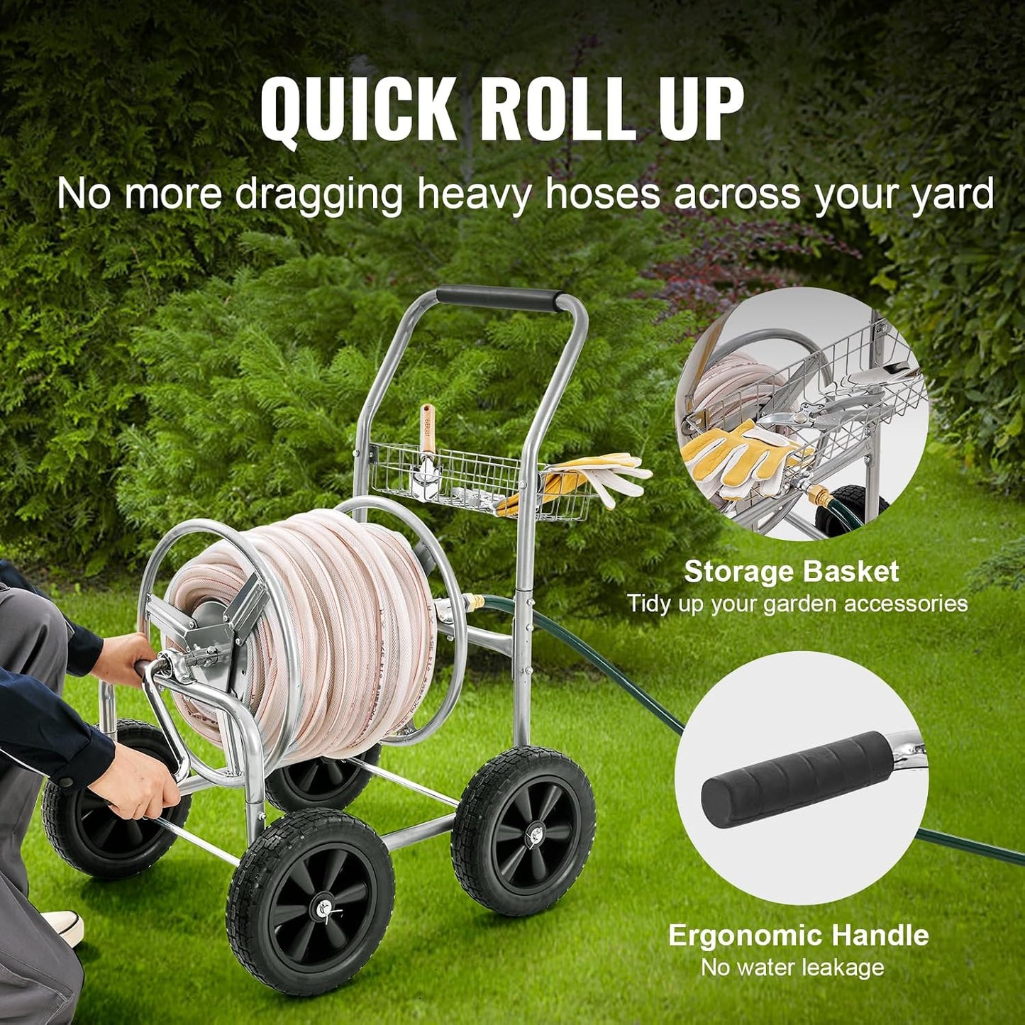 Hose Reel Cart, Hold Up to 300 ft of 5/8’’ Hose, Garden Water Hose Carts Mobile Tools with 4 Wheels, Heavy Duty Powder-Coated Steel Outdoor Planting with Storage Basket, for Garden, Yard, Lawn