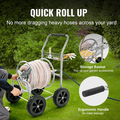 Hose Reel Cart, Hold Up to 300 ft of 5/8’’ Hose, Garden Water Hose Carts Mobile Tools with 4 Wheels, Heavy Duty Powder-Coated Steel Outdoor Planting with Storage Basket, for Garden, Yard, Lawn