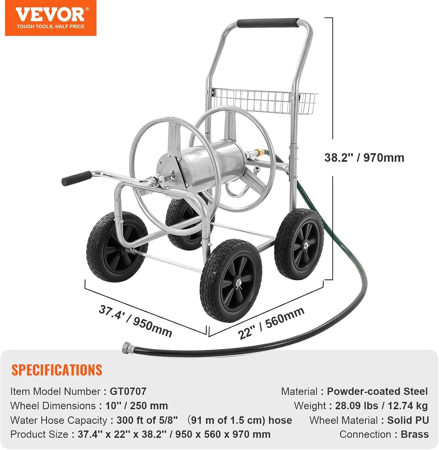 Hose Reel Cart, Hold Up to 300 ft of 5/8’’ Hose, Garden Water Hose Carts Mobile Tools with 4 Wheels, Heavy Duty Powder-Coated Steel Outdoor Planting with Storage Basket, for Garden, Yard, Lawn