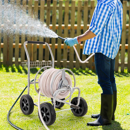 Hose Reel Cart, Hold Up to 300 ft of 5/8’’ Hose, Garden Water Hose Carts Mobile Tools with 4 Wheels, Heavy Duty Powder-Coated Steel Outdoor Planting with Storage Basket, for Garden, Yard, Lawn