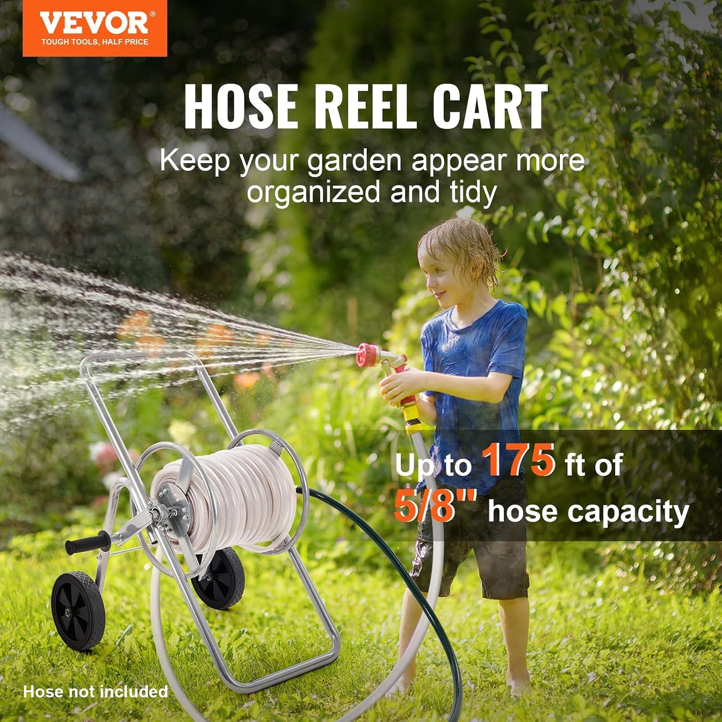 Hose Reel Cart, Hold Up to 300 ft of 5/8’’ Hose, Garden Water Hose Carts Mobile Tools with 4 Wheels, Heavy Duty Powder-Coated Steel Outdoor Planting with Storage Basket, for Garden, Yard, Lawn